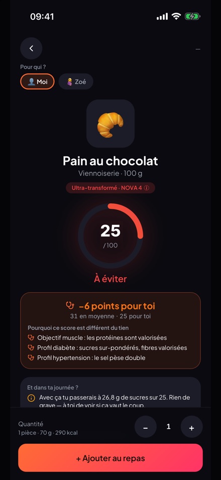 Un produit noté 25 pour toi contre 31 en moyenne, avec l’écart expliqué