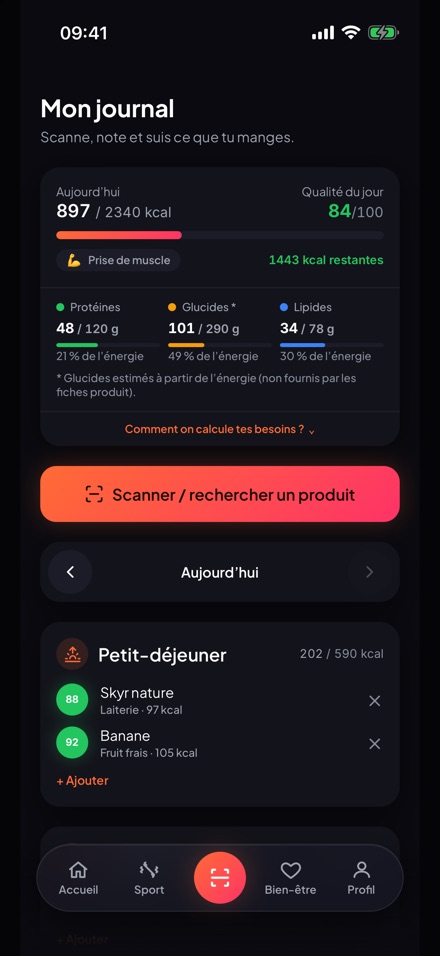 Le journal du jour : repas, macros et qualité
