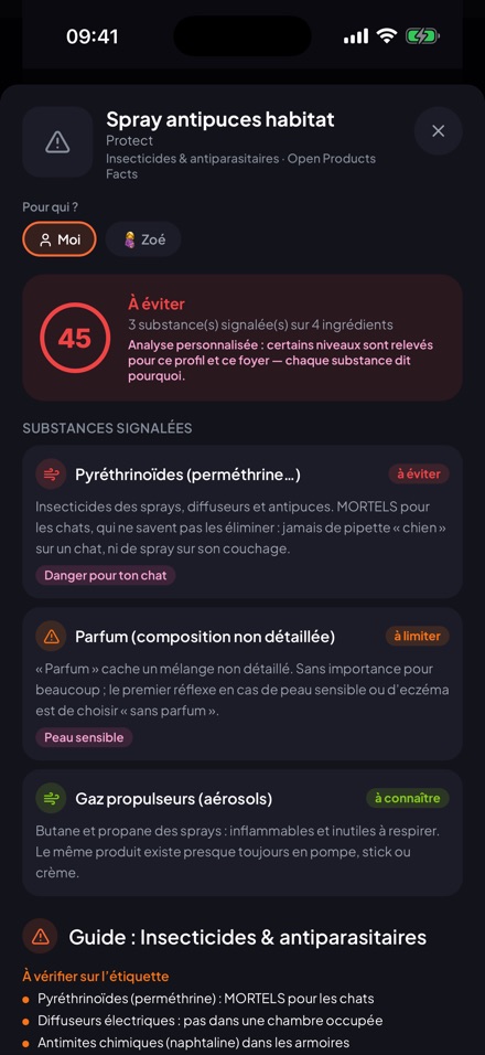 Fiche d’un produit ménager avec ses alertes