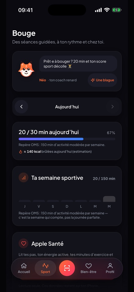 L’écran Sport : séance du jour et minutes de la semaine