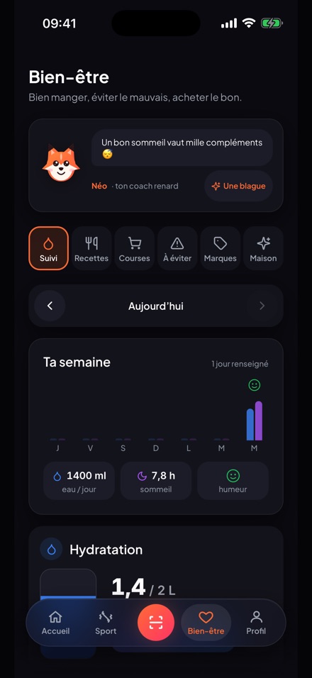 L’écran Bien-être : semaine, hydratation, sommeil, humeur