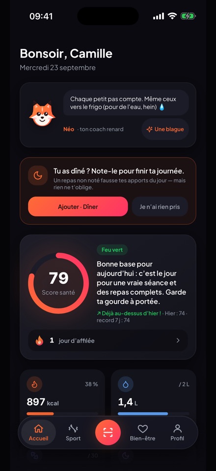 L’écran d’accueil de Sanoria : score du jour, coach et série